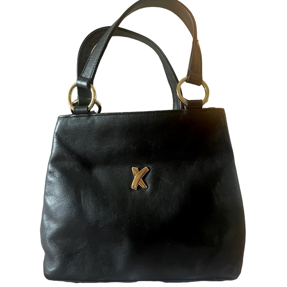 Paloma Picasso black leather vintage handbag w/gold accents, Italian designer.